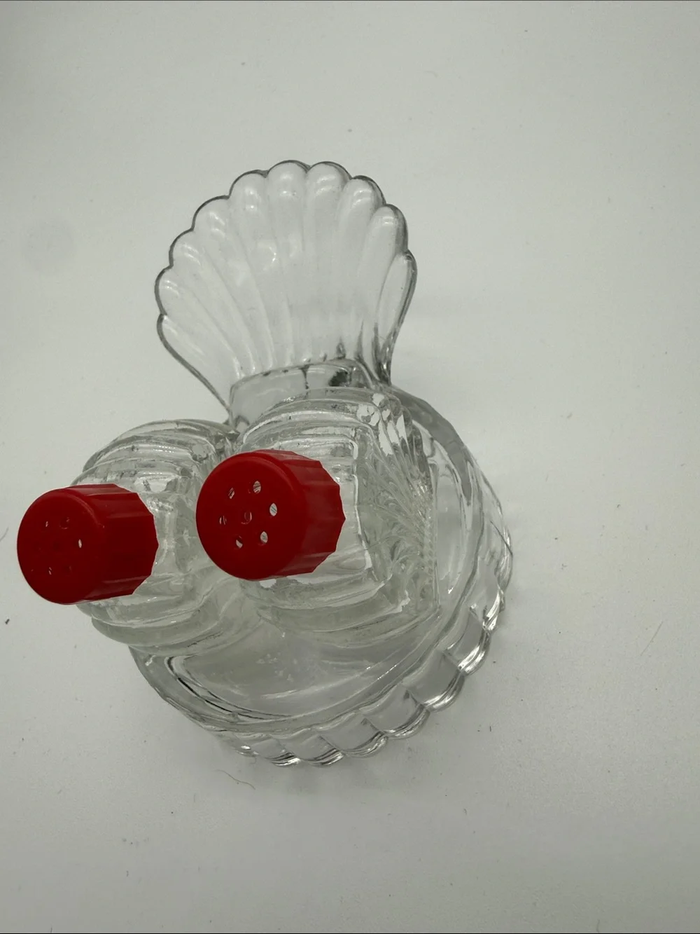 Vintage Glass Shell Salt & Pepper Shakers Condiment Set Red Tops